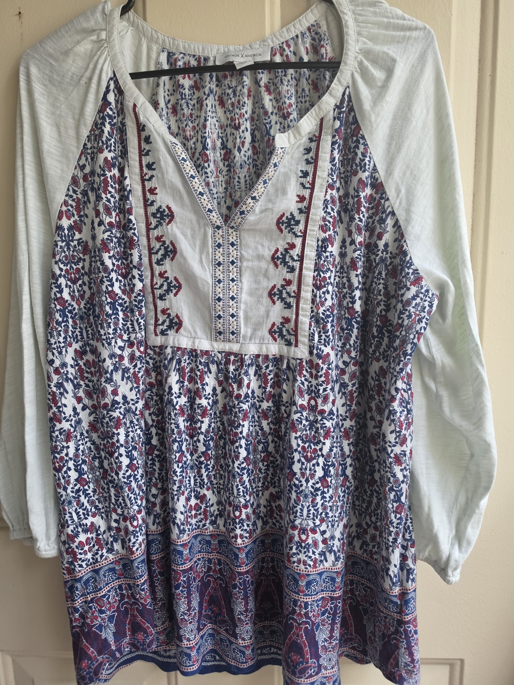Vintage America White Floral Boho Peasant Top with Red & Navy Print
